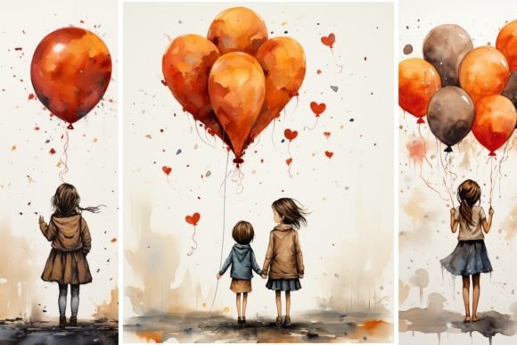 Download 10 Illustrations 'Girls with Balloons' - Balloons Collection